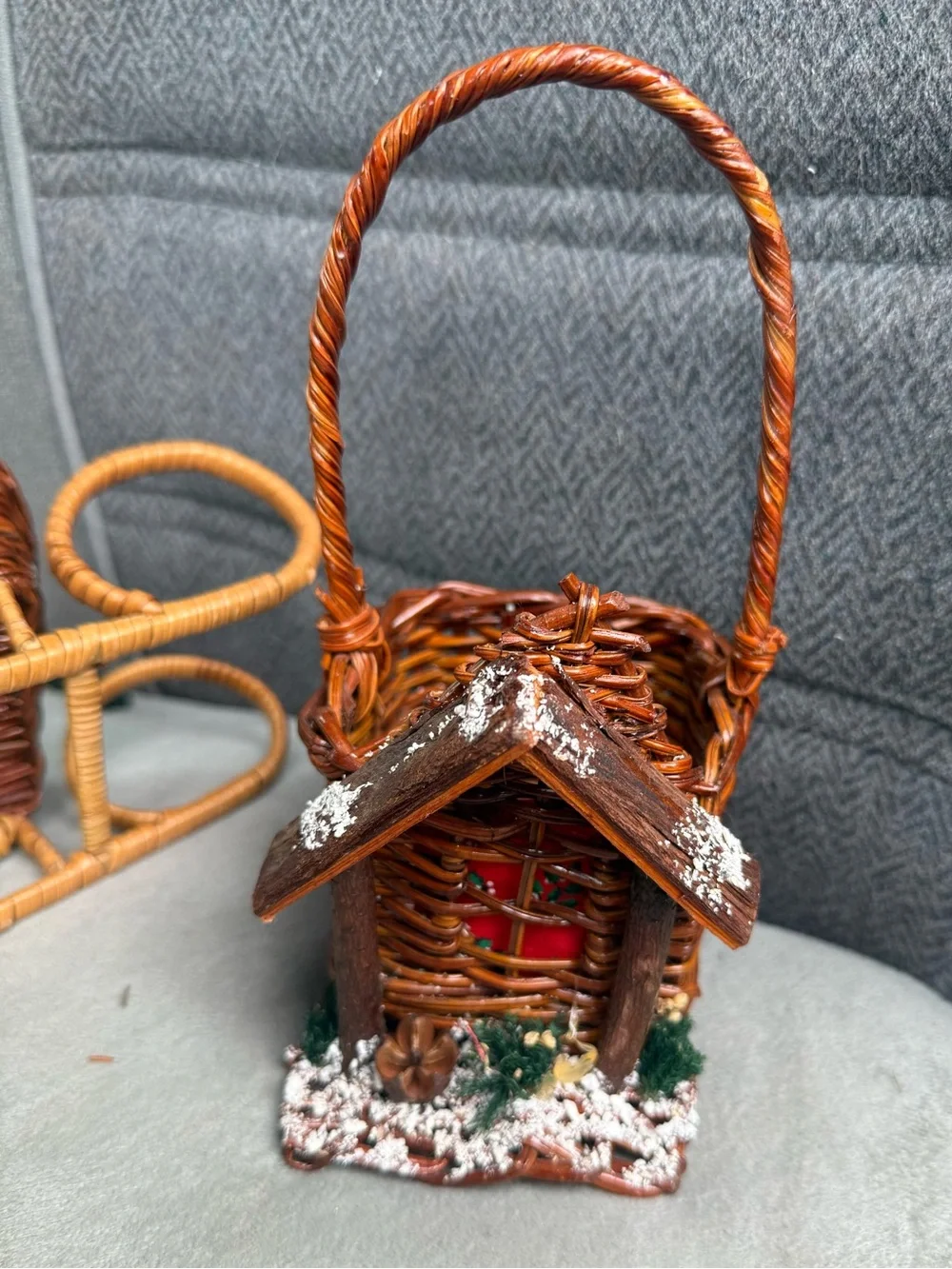 Vintage Show Stoppers Wicker Christmas Sleigh & Snowy Cabin Basket Bundle